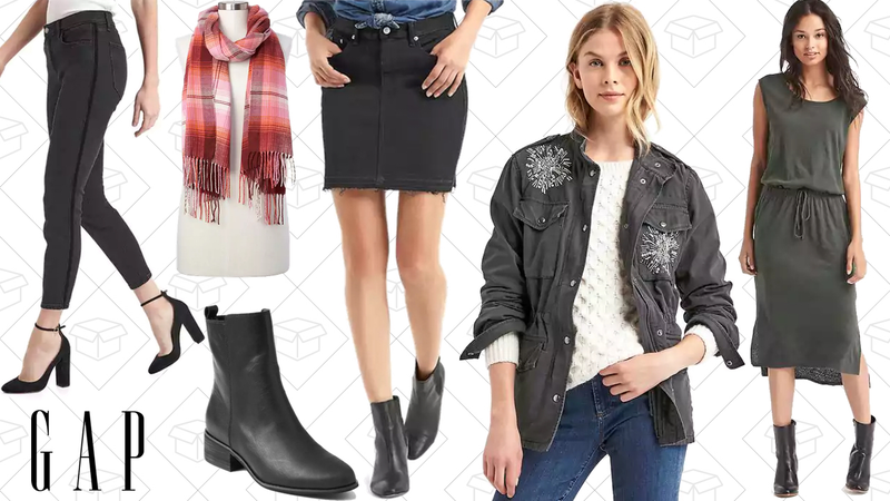 AUTHENTIC 1969 Velvet Stripe True Skinny Ankle Jeans, $27 | Cozy Modal Plaid Scarf, $12 | Side-Zip Boot, $46 | 1969 Denim Velvet-Trim Skirt, $26 | Beaded Utility Jacket, $60 | Linen-Cotton Hi-Lo Tank Dress, $24